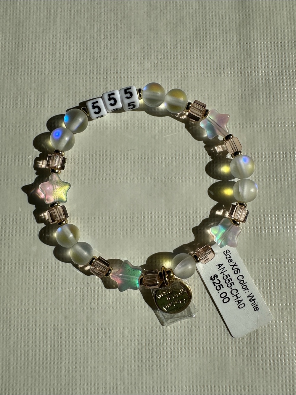 Little Words Project 555 Iridescent white and pink Beads Bracelet stretchy X/S